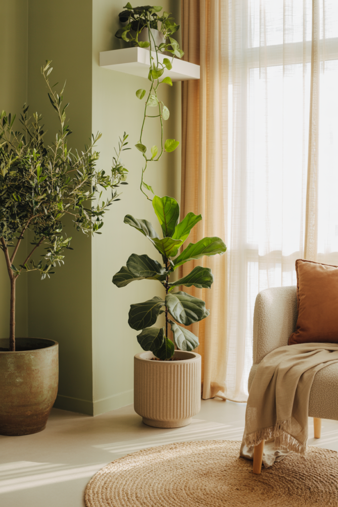 Serene corner of a living room featuring a fiddle leaf fig and olive tree in textured planters, set against dill green walls. Natural light filters through sheer beige curtains, highlighting a boucle armchair with a rust pillow and neutral throw, anchored by a round jute rug.