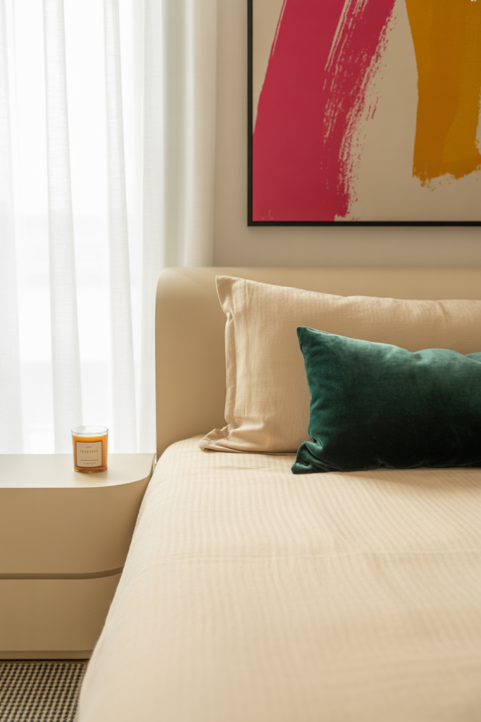 Minimalist modern bedroom with a light beige bed and matching pillow, styled with a deep green velvet accent pillow. A bold abstract painting with pink and mustard yellow brushstrokes hangs above the bed, while a lit candle sits on a sleek built-in nightstand beside sheer white curtains.