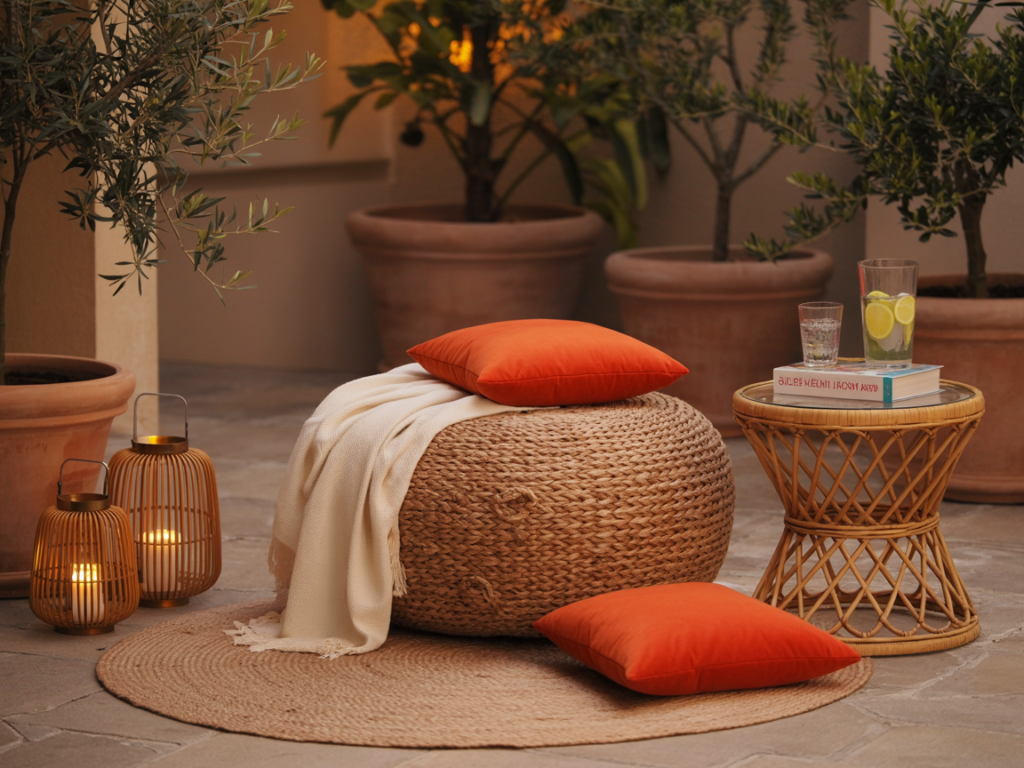 
Inviting outdoor patio nook with a woven pouf layered with a cream throw blanket and orange pillows, placed on a round jute rug. A rattan side table holds two books, a glass of lemon water, and another drink. Lit rattan lanterns add warmth, while terracotta planters with olive trees create a Mediterranean-inspired backdrop. The soft evening light and earthy textures create a cozy, summer-ready vibe.
