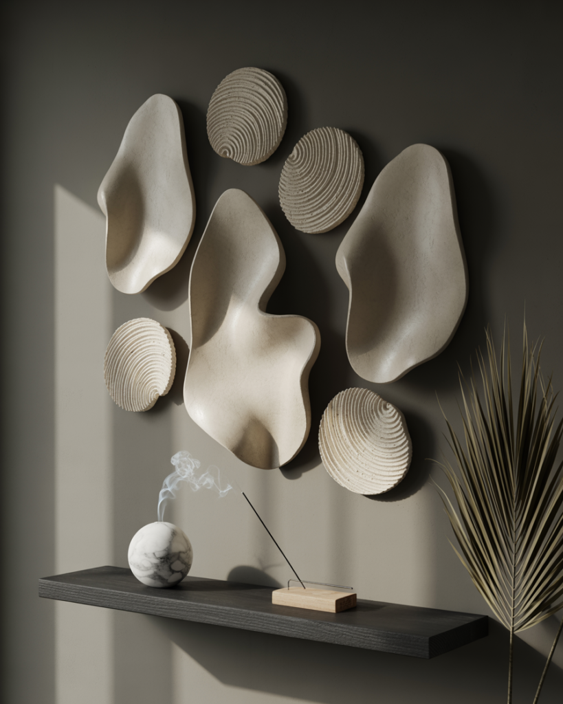 Modern organic wall decor featuring abstract sculptural art in natural beige tones, arranged on a dark accent wall above a floating black shelf. A marble incense holder releases smoke beside a wooden incense burner, with a dried palm leaf adding a touch of minimal boho style. Calm, zen-inspired aesthetic with soft natural light