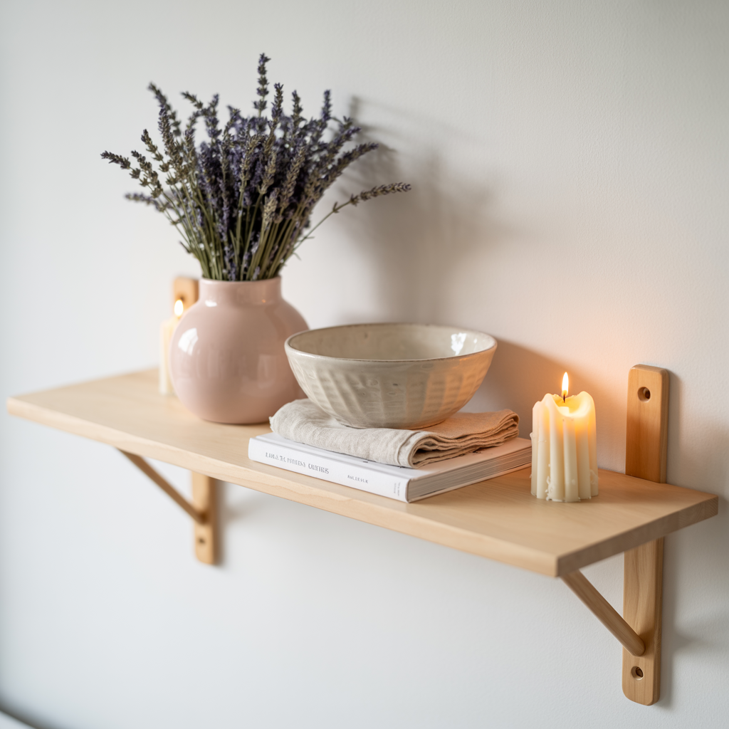 Minimal summer shelf styling featuring a blush ceramic vase filled with dried lavender, a hand-thrown neutral stoneware bowl, a stacked book and linen napkin, and a softly glowing sculptural candle. Light wood floating shelf against a white wall with clean, Scandinavian-inspired design. Natural textures and calming tones create an airy, boho-modern aesthetic.