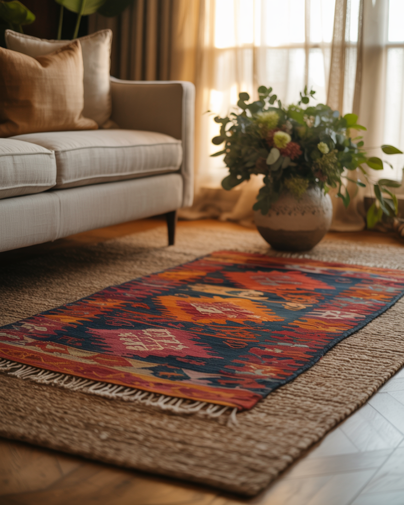 Layered rug styling in a cozy living room featuring a vibrant, patterned kilim rug over a chunky natural jute base rug. A neutral linen sofa with earth-toned pillows anchors the space, while a ceramic vase with lush greenery adds a fresh, organic touch. Soft sunlight filters through sheer curtains, creating a warm and inviting boho-luxe ambiance.