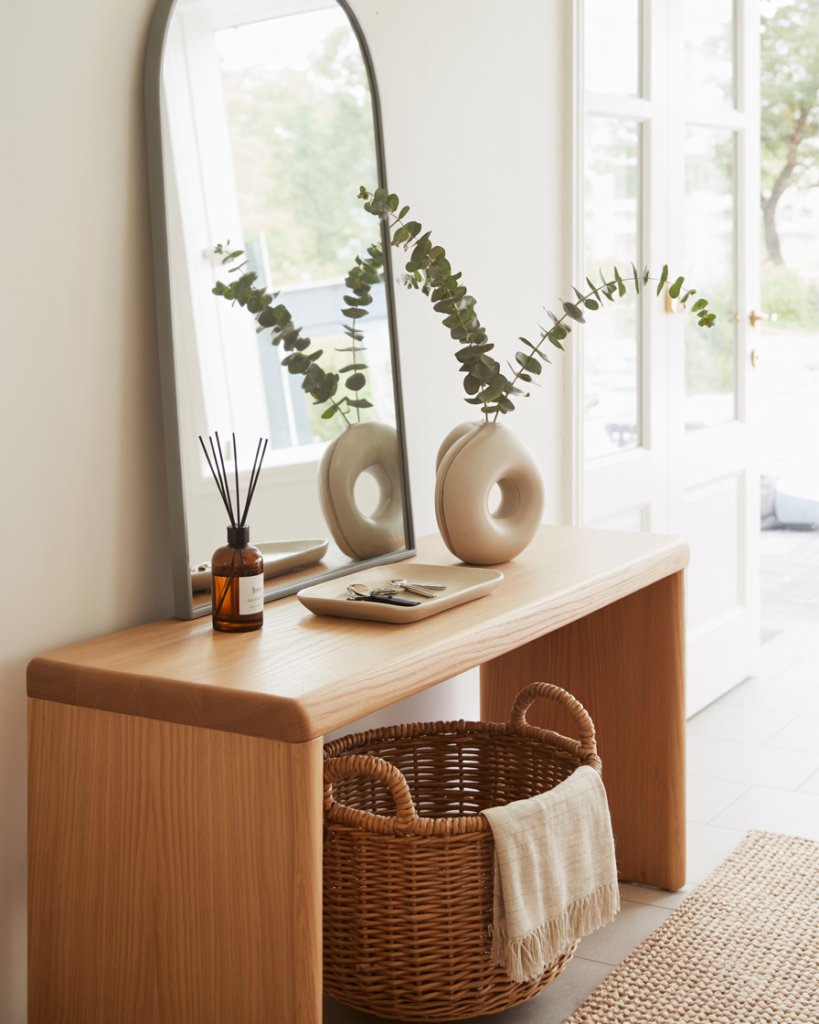 Neutral entryway styled with a curved mirror, amber diffuser, sculptural ceramic vase with eucalyptus, and a wooden console table. Woven basket with a linen throw adds warmth and texture, creating a welcoming first impression in a minimalist space.

