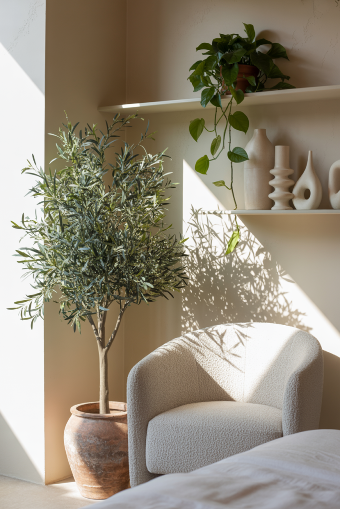 Sunlit corner of a minimalist bedroom featuring a boucle armchair, a terracotta potted olive tree, and sculptural ceramic vases on floating shelves. A trailing pothos plant adds greenery, with natural light casting artistic shadows on the beige walls.