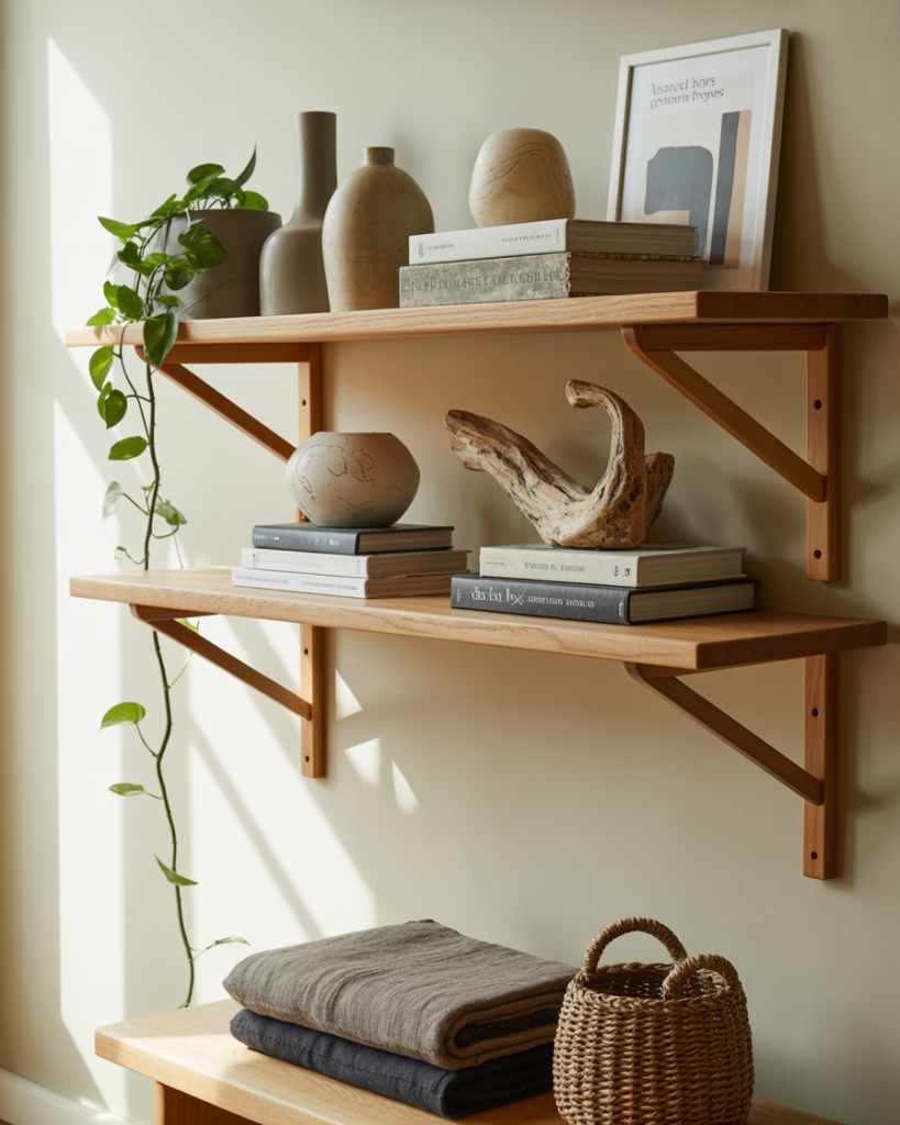Warm minimalist shelf styling with natural wood floating shelves displaying neutral-toned ceramic vases, stacked books, driftwood, and abstract art. A trailing green plant adds freshness, while a woven basket and neatly folded textiles sit below. Calm, Scandinavian-inspired home decor with earthy textures and soft natural light.