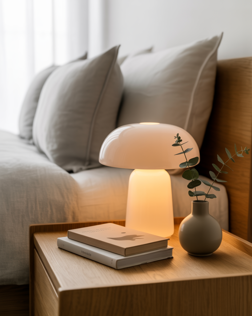Modern cozy bedside setup featuring a soft-glowing mushroom table lamp, stacked neutral-toned books, and a small ceramic vase with eucalyptus, styled on a light oak nightstand next to a bed with crisp white and gray layered pillows and linens.