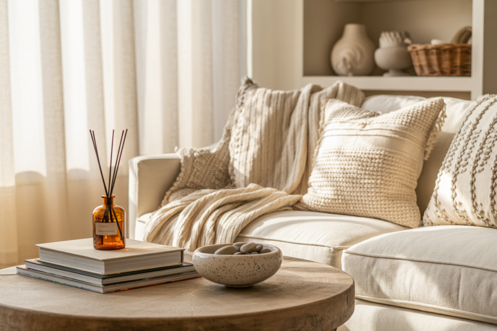 Textured cream pillows and a chunky knit throw styled on a neutral sofa, with sunlight streaming through sheer curtains. A stacked book moment with amber diffuser and ceramic bowl on a round wood coffee table adds to the cozy, designer living room vibe.
