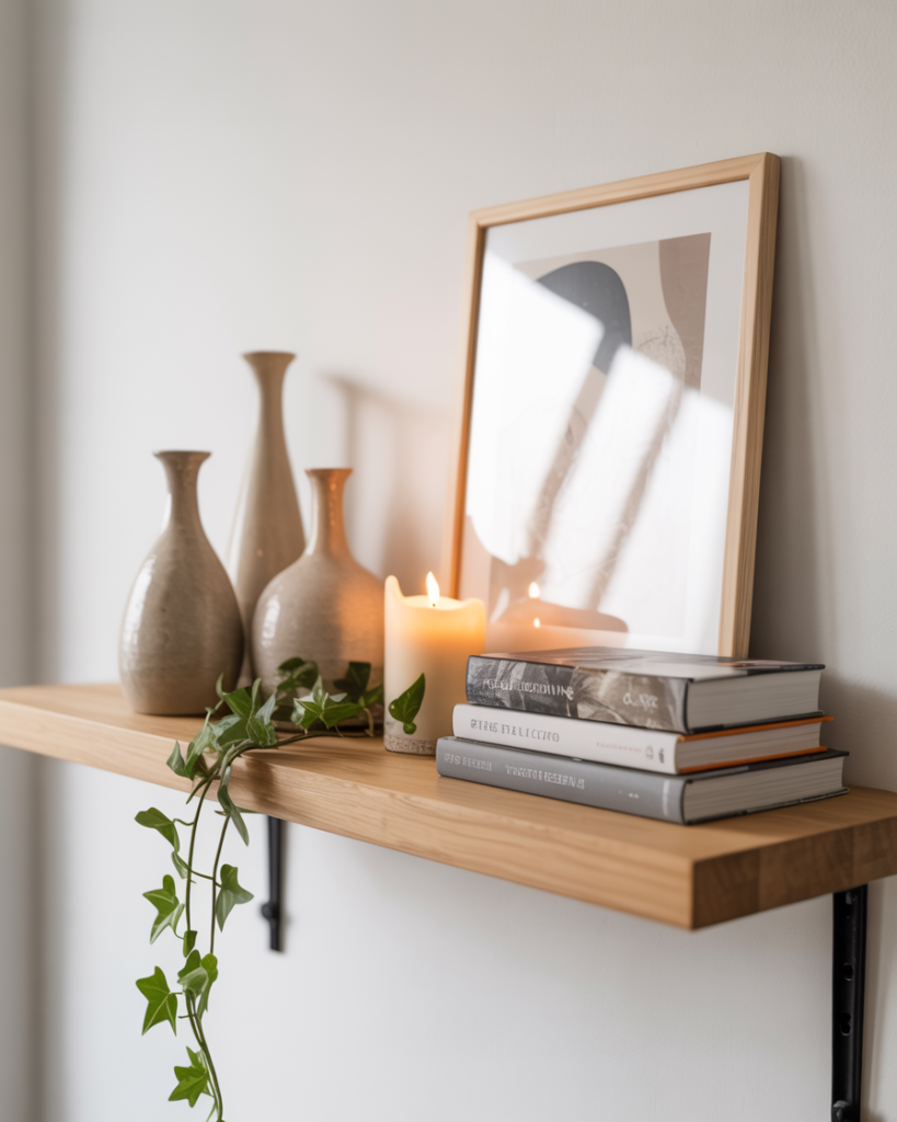 Minimalist floating wood shelf styled with neutral ceramic vases, a lit candle with a leaf decal, trailing ivy, a stack of design books, and a framed abstract art print. Set against a clean white wall, the sof