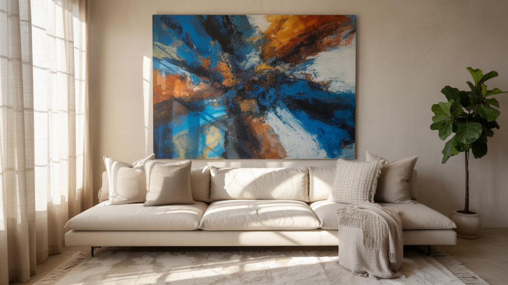 Modern minimalist living room with a low-profile cream sofa and textured neutral pillows, grounded by a soft beige rug. A bold, oversized abstract painting in vibrant blue, orange, and black tones creates a striking focal point. Sunlight filters through sheer floor-length curtains, casting gentle shadows, while a lush fiddle leaf fig in a ceramic planter adds a touch of greenery to the serene yet dynamic space.