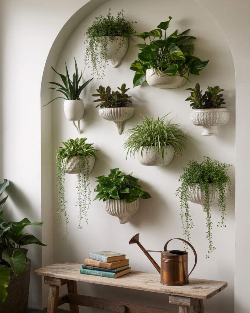 Indoor wall garden with a curated mix of trailing and potted greenery arranged in textured white ceramic planters within an arched wall niche. A rustic wooden bench below holds vintage books and a copper watering can, surrounded by additional leafy plants. Fresh, organic, biophilic design perfect for modern indoor gardening inspiration.