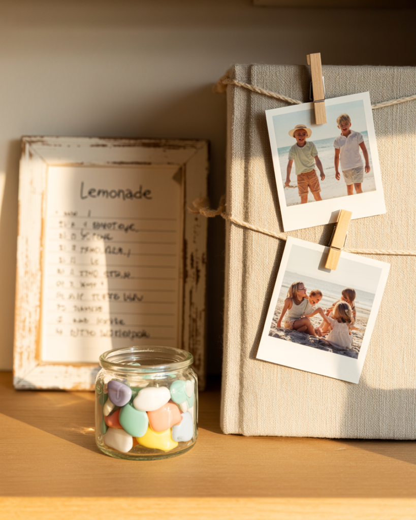 Warm and nostalgic summer shelf styling featuring a distressed white wood frame with a handwritten lemonade recipe (lightly blurred), a neutral linen-covered book with two clipped Polaroid beach photos of children and family moments, and a small glass jar filled with colorful sea glass pieces in soft pastel tones. Golden hour sunlight casts warm shadows across the wooden shelf, creating a cozy and sentimental vibe.