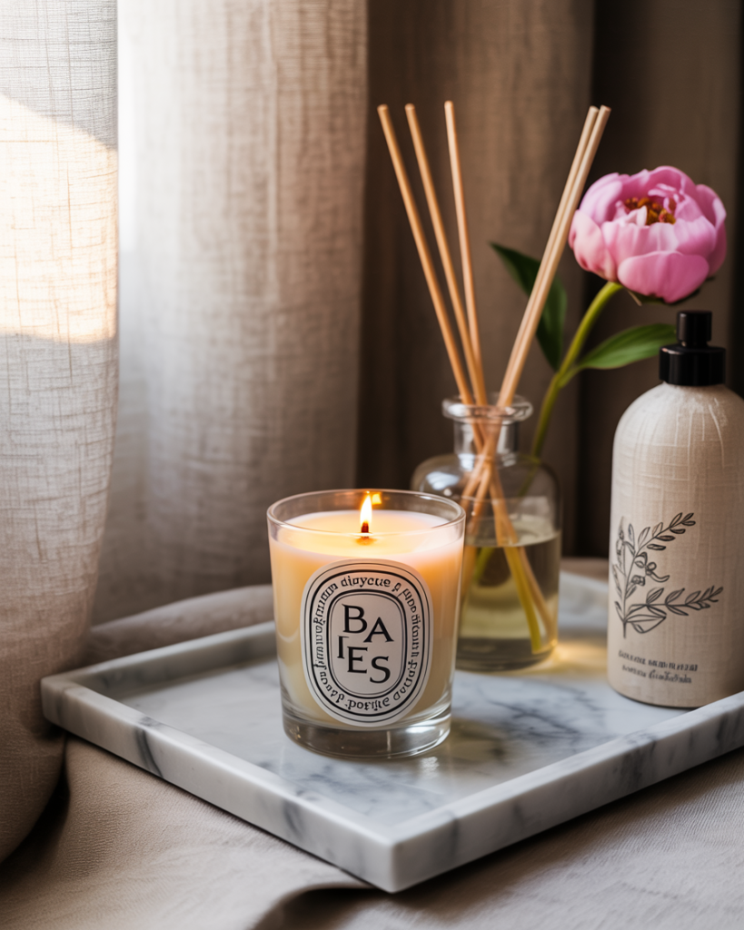 Chic vignette of a marble tray styled with a lit Diptyque Baies candle, a glass diffuser with natural reeds, a ceramic soap or lotion bottle with botanical design, and a single pink peony. Set against soft beige linen curtains with warm natural light filtering in, creating a serene, high-end spa-like ambiance.