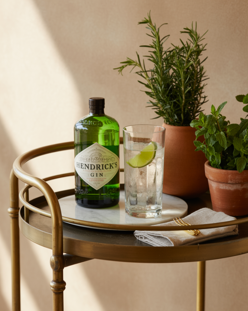 Fresh and earthy bar cart styling featuring a bottle of Hendrick’s gin, a cocktail garnished with lime, and potted rosemary and mint plants. Styled on a round gold cart with a marble tray, linen napkin, and gold cocktail fork, bathed in warm natural sunlight for a relaxed, garden-to-glass vibe.