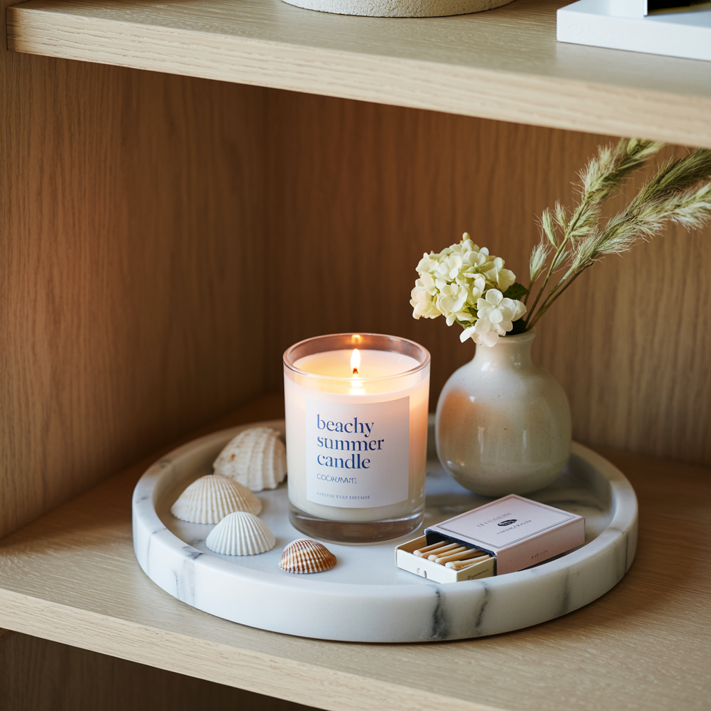 Shelf styling vignette featuring a beachy summer candle in a clear glass jar, surrounded by real seashells, a ceramic mini vase with dried grass and white blooms, and a box of wooden matches. All items rest on a round white marble tray placed on a natural oak shelf. Warm candlelight and soft textures evoke a cozy, coastal summer atmosphere with boho minimal vibes.