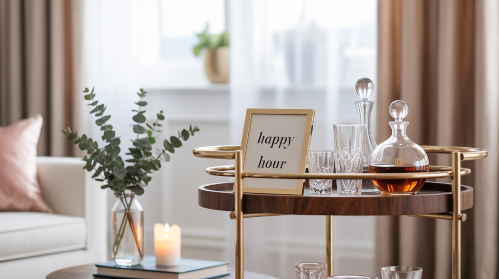 Elegant bar cart styling with gold and wood accents, crystal decanters filled with amber liquor, clear glassware, and a framed 'happy hour' sign. Set in a cozy, modern living room with soft blush and beige tones, eucalyptus stems in a vase, and a glowing candle.