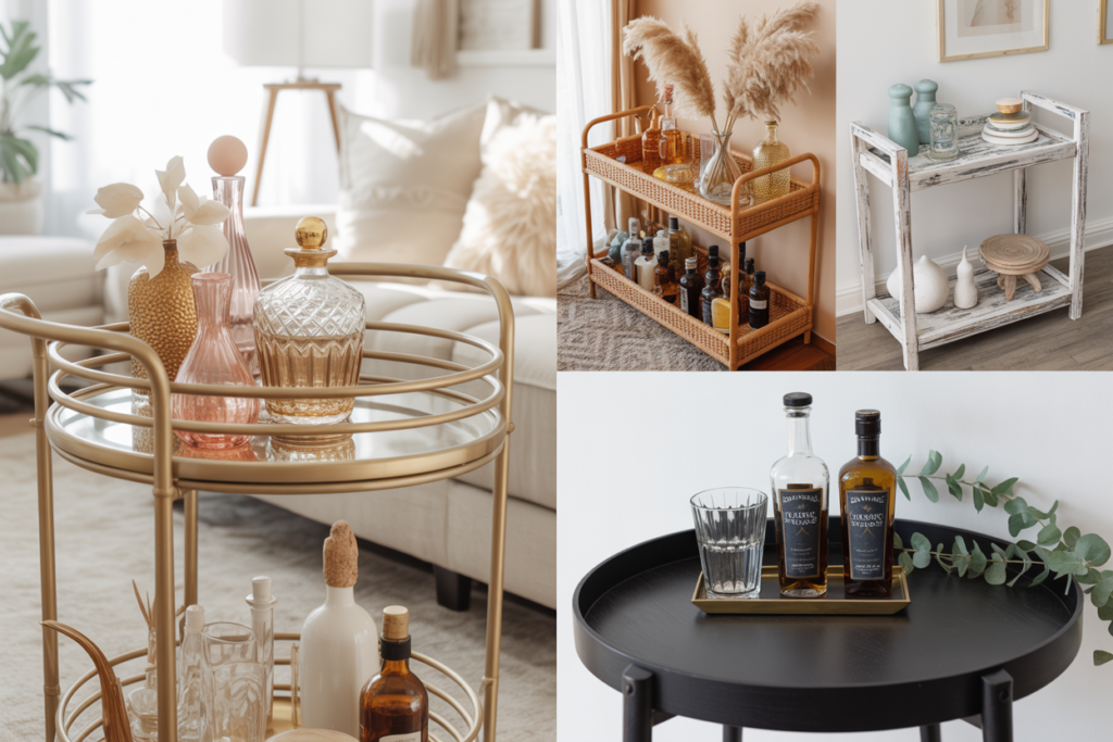 Collage of four styled bar carts in modern homes: top left—gold bar cart with blush glass decanters and neutral florals in a cream living room; top right—rattan bar cart with pampas grass and a full liquor collection against a beige wall; bottom right—minimalist black tray-style bar cart with two whiskey bottles, a glass, and eucalyptus; top center—whitewashed rustic bar cart styled with ceramics and neutral-toned accessories in a farmhouse-style hallway