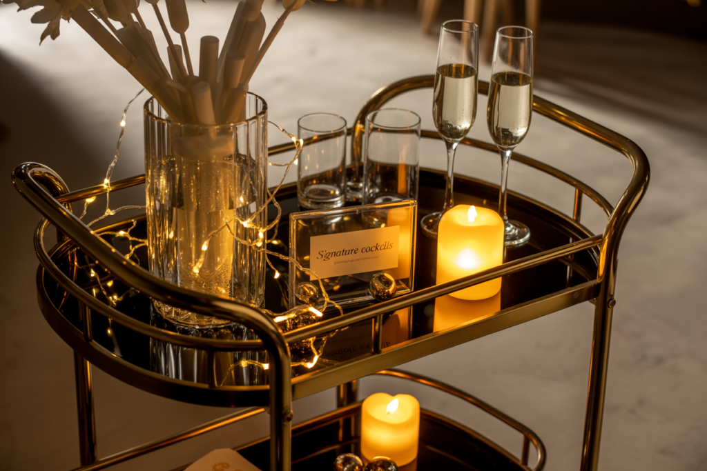 Moody and elegant bar cart styled for evening entertaining, featuring glowing candles, fairy lights, two champagne flutes, a glass vase with white paper flowers, and a 'Signature Cocktails' sign. The gold-framed cart exudes a romantic, festive atmosphere with a touch of modern glam.