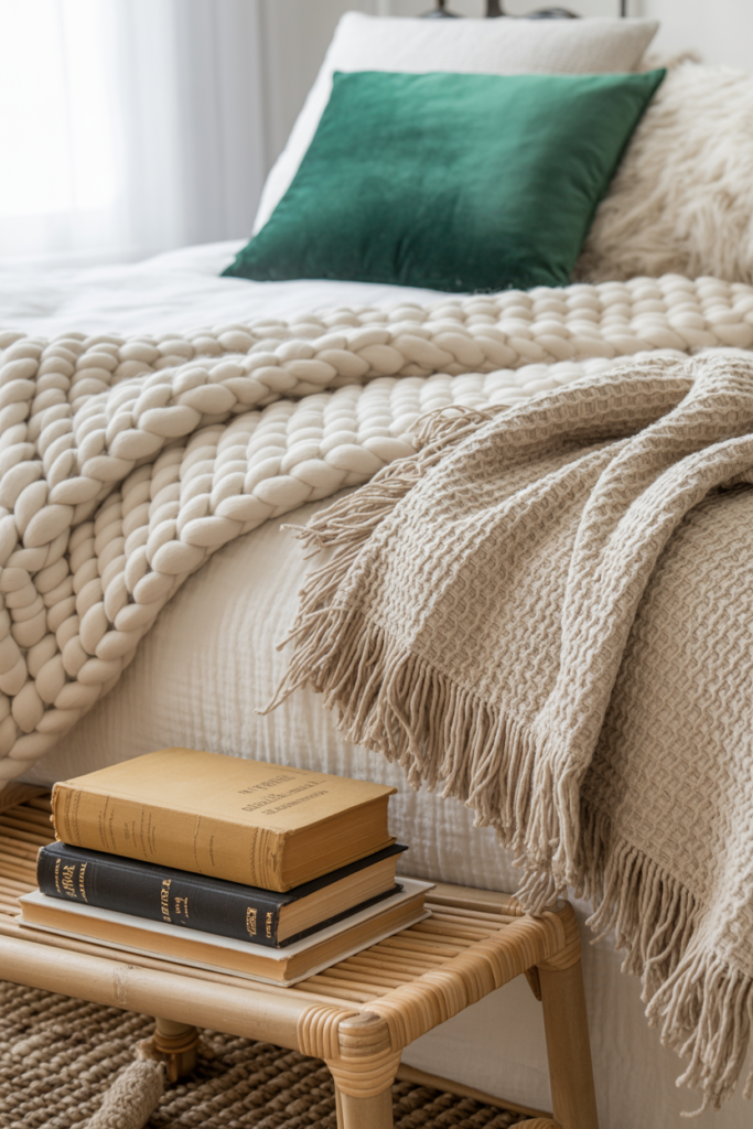 Cozy, layered bed with a chunky knit cream blanket, textured beige throw, and a bold emerald green velvet pillow. A stack of vintage books sits on a natural rattan bench at the foot of the bed, atop a woven jute rug in a softly lit, neutral-toned bedroom.