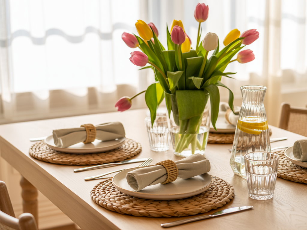 Bright and cheerful dining table set with woven placemats, white plates, neutral napkins with rattan rings, and clear glassware. A tall vase of fresh pink, yellow, and white tulips serves as the centerpiece, next to a glass carafe filled with lemon water. Sunlight filters through sheer curtains, creating a fresh, inviting, and seasonal atmosphere.