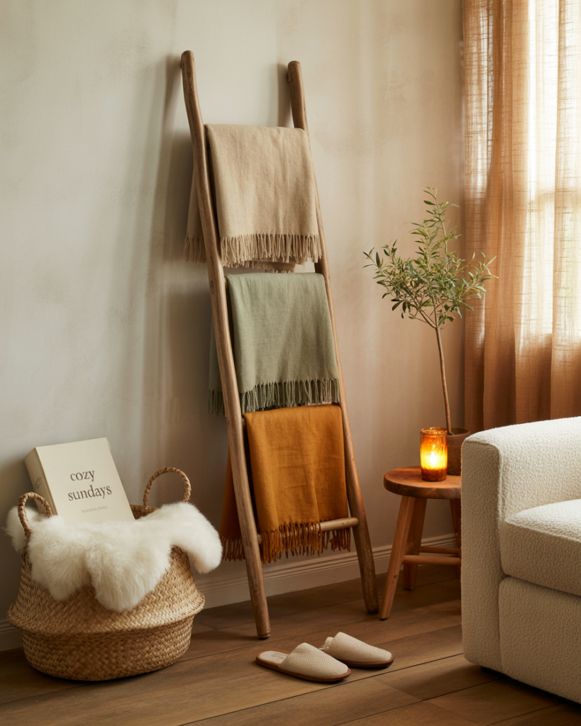 Cozy reading nook with a rustic wooden blanket ladder draped in neutral and burnt orange throws, a woven basket with a sheepskin and ‘Cozy Sundays’ book, soft knit slippers, and a glowing amber lamp on a wooden stool. Natural textures, linen curtains, and warm lighting create a calm, hygge-inspired atmosphere.