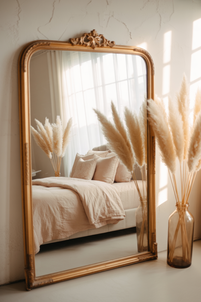 Elegant bedroom reflected in a large ornate gold-framed mirror, featuring a neutral bed with soft blush bedding, textured throw pillows, and a bouquet of pampas grass in a tall amber glass vase. Soft sunlight filters through sheer curtains, casting a warm, romantic glow.