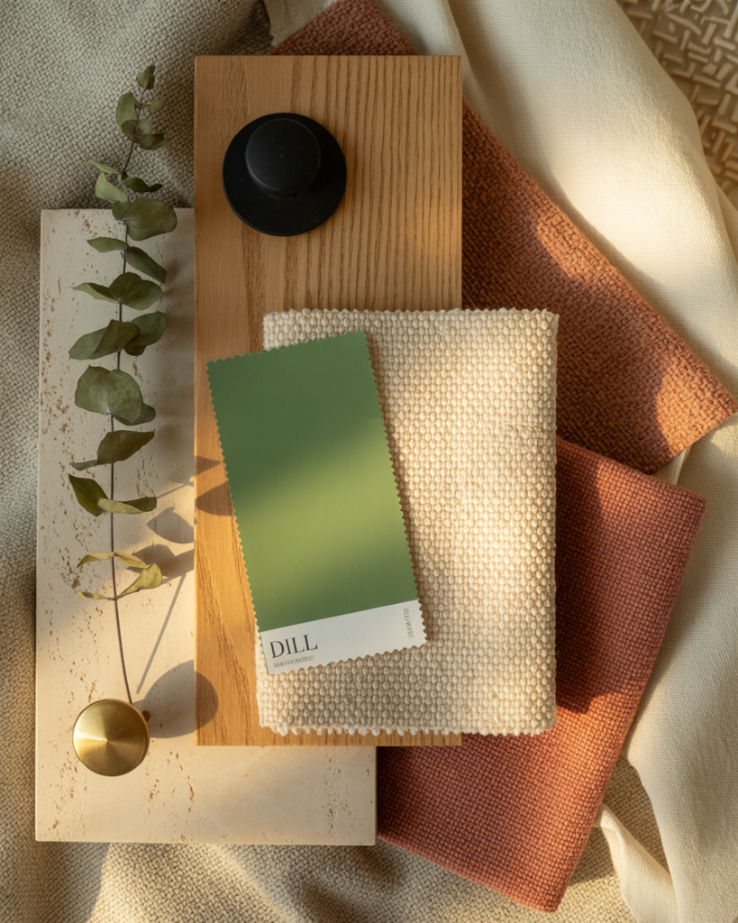 Flatlay of an interior design mood board featuring a 'Dill' green paint swatch on textured cream upholstery, natural wood, stone, brass and black hardware, and warm rust and neutral fabric samples, styled in golden hour light for a cozy, earthy aesthetic.