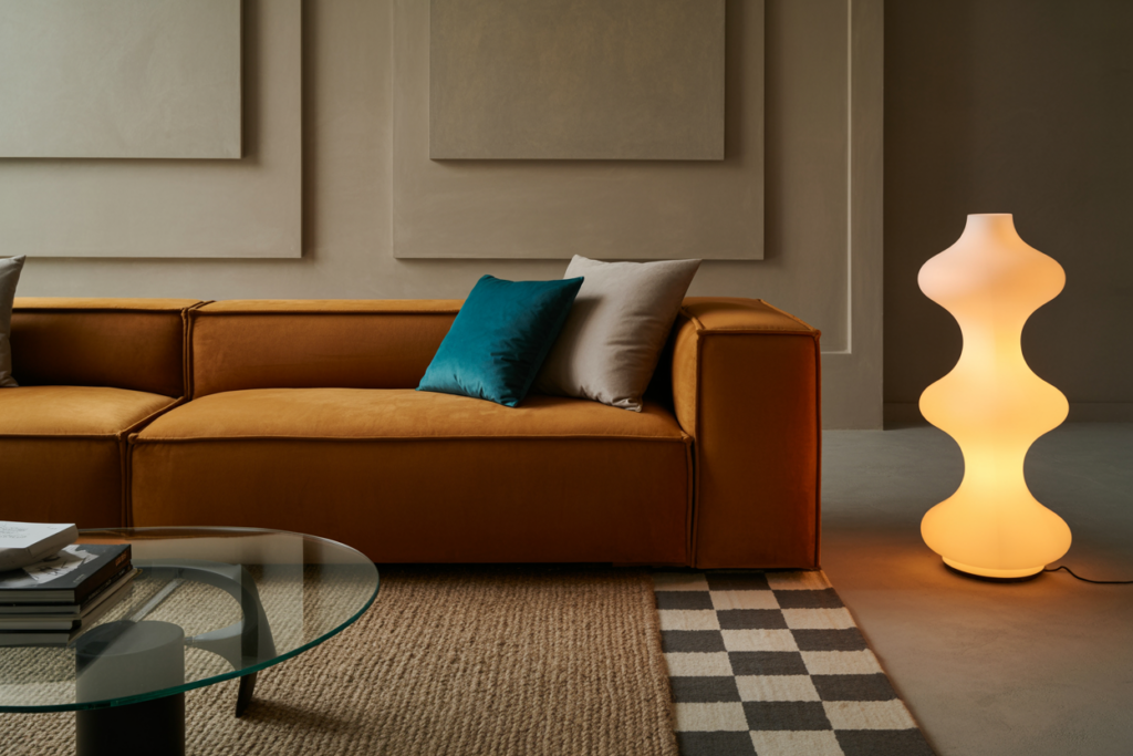 Modern living room with a burnt orange velvet sofa, teal and gray accent pillows, and a sculptural glowing floor lamp. Neutral 3D wall panels add depth behind the sofa. A mix of jute and checkerboard rugs anchors a round glass coffee table stacked with books, creating a cozy yet artistic space.