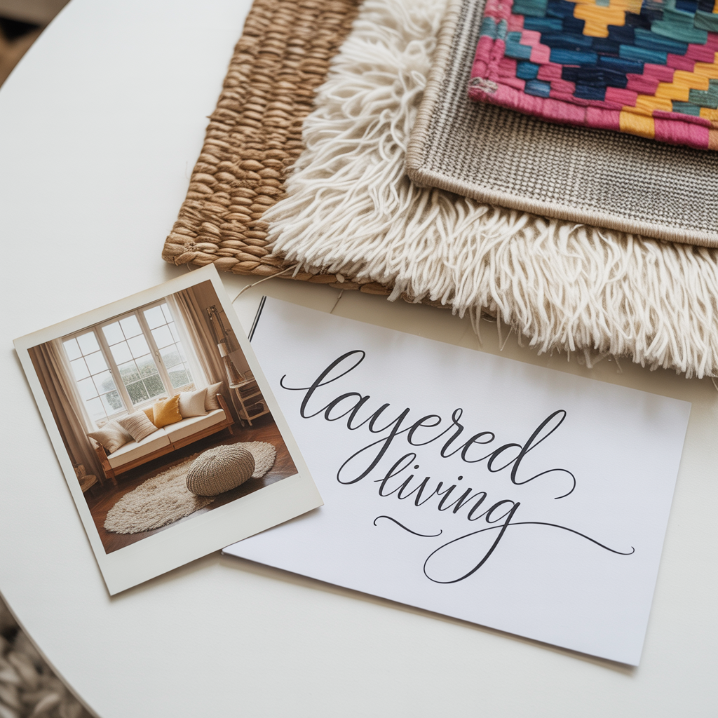 Flat lay of rug swatches in various textures and patterns—woven jute, shaggy ivory, neutral woven, and a colorful kilim sample—arranged on a white table next to a calligraphy print that reads “layered living” and a photo of a cozy living room with layered rugs. A visual mood board capturing the essence of warm, layered interior design.