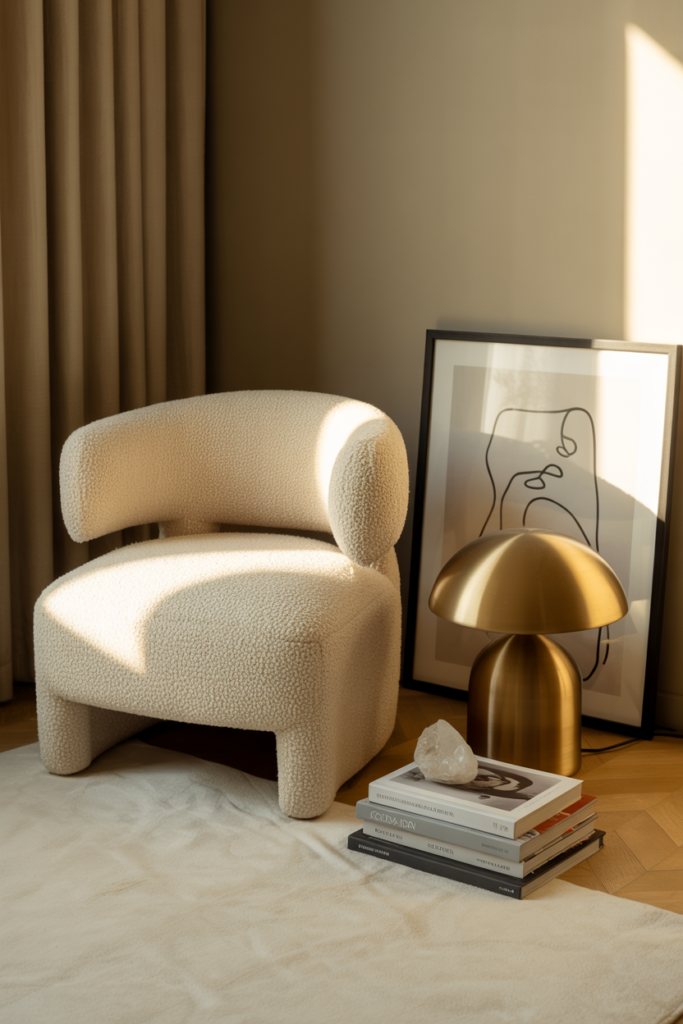 Modern cozy corner featuring a boucle accent chair bathed in warm sunlight, next to a gold mushroom-style lamp, stacked coffee table books with a crystal on top, and a minimalist line art print leaning against the wall. Beige curtains and a soft ivory rug complete the neutral, sophisticated vibe