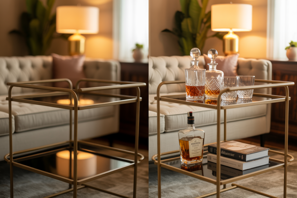 Before and after of a chic gold bar cart makeover in a cozy modern living room. Left side shows a minimal, empty cart with tufted beige sofa and warm lighting in the background. Right side features crystal decanters filled with amber liquor, elegant glassware, a bourbon bottle, and stacked books, styled for a luxurious and inviting vibe.