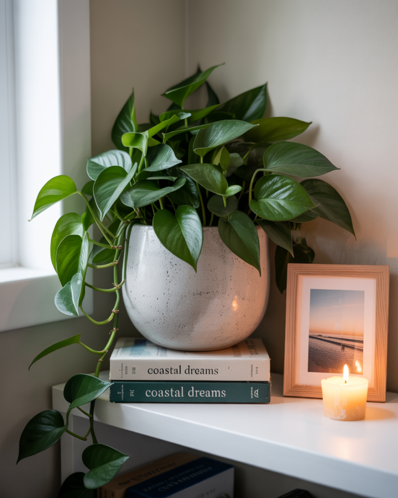 Corner shelf styled with a large cascading pothos plant in a textured white ceramic planter, stacked “Coastal Dreams” books, a framed ocean photo, and a glowing ivory candle. Natural daylight streams through a nearby window, casting soft shadows and highlighting the lush green leaves. Cozy, summer-ready, and styled with warm coastal charm.