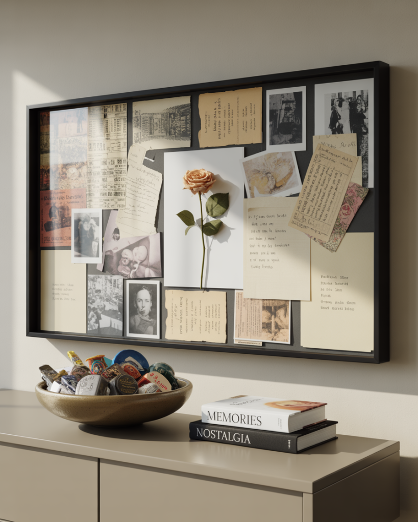 Sentimental gallery shadow box filled with vintage letters, postcards, black-and-white family photos, and a single dried rose, framed behind glass. Below it, a beige console holds a bowl of nostalgic keepsakes and two stacked books titled ‘Memories’ and ‘Nostalgia.’ Warm, reflective vignette with a cozy, storytelling aesthetic.