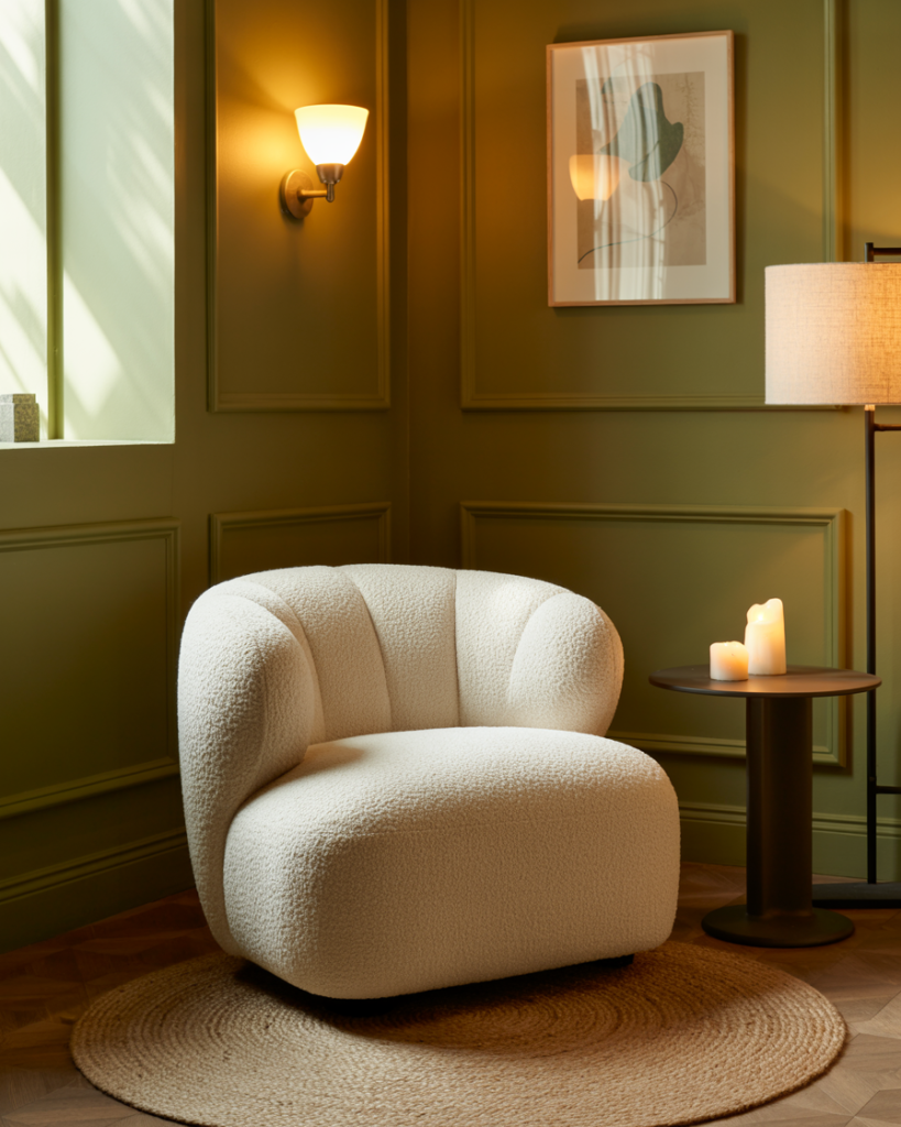 Cozy reading nook with a white boucle accent chair on a round jute rug, set against dill green paneled walls. A black pedestal side table with pillar candles and warm layered lighting from a wall sconce and floor lamp creates a serene, designer-inspired corner.