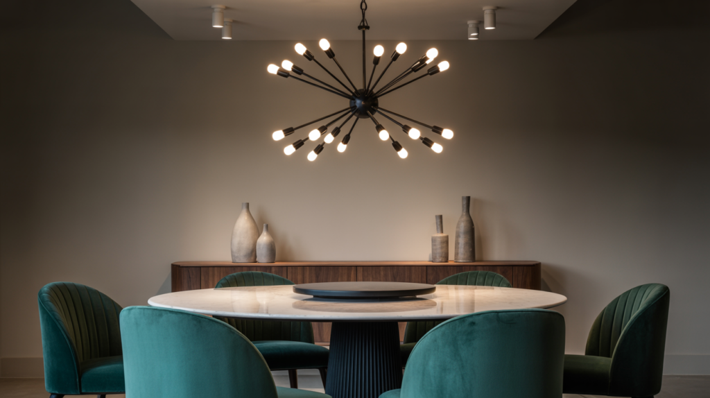 marble table with a sculptural black base, surrounded by plush emerald green velvet chairs; a sleek wood credenza styled with oversized neutral-toned ceramic vases completes the high-end, designer ambiance.