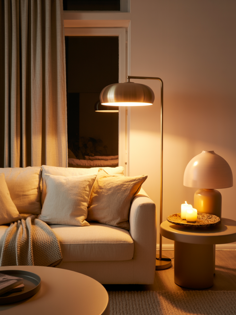 Warm and cozy living room at night, featuring a neutral-toned sofa with layered beige throw pillows and a chunky knit blanket. A modern brass floor lamp casts a soft glow beside a sculptural table lamp on a round side table with lit candles on a woven tray. Beige curtains and a round coffee table complete the calming, intimate atmosphere.