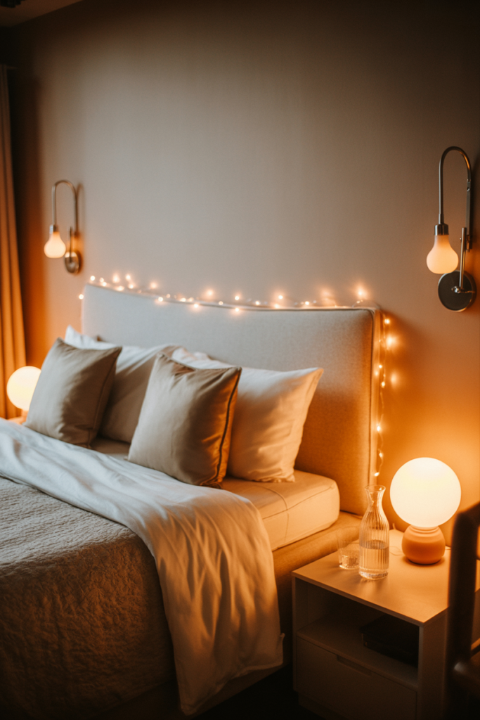 Warm and cozy bedroom with soft ambient lighting from wall sconces and round bedside lamps. A neutral upholstered headboard is framed by delicate string lights, with beige pillows and a plush throw blanket completing the inviting setup. A glass carafe and tumbler sit on the minimalist white nightstand.