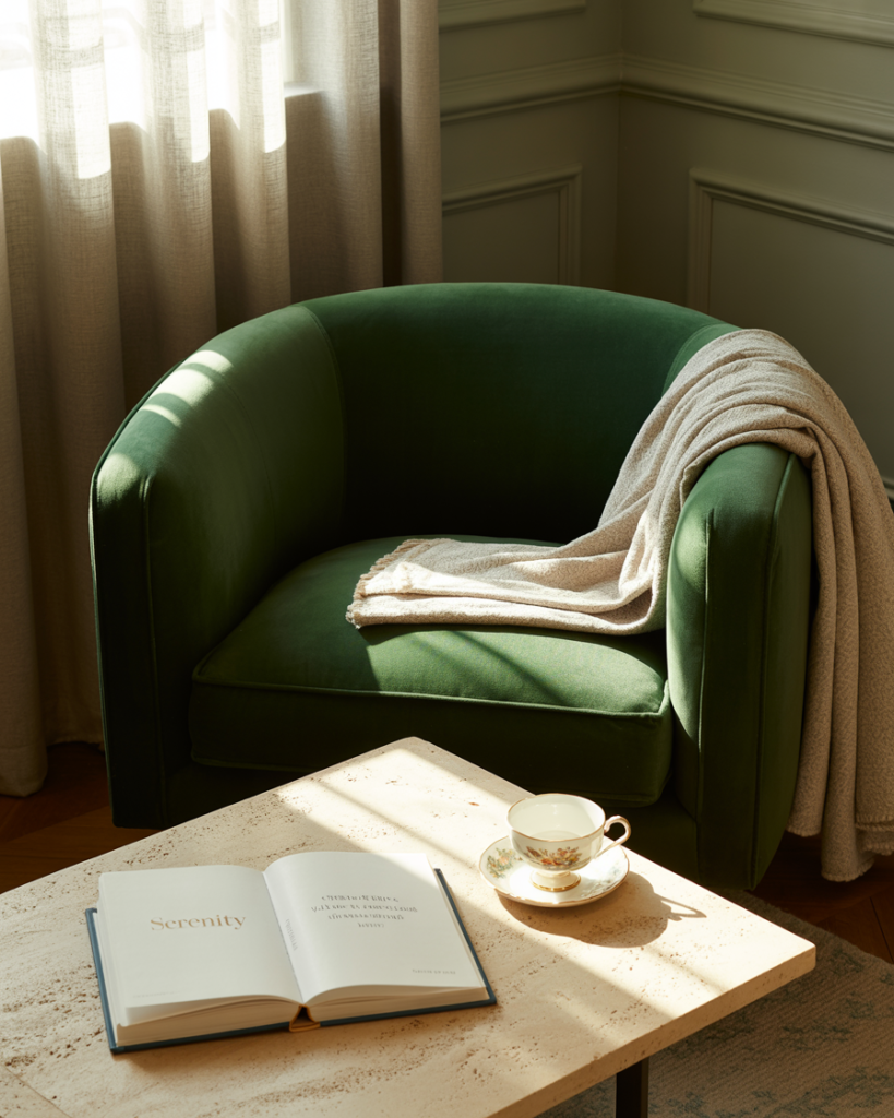 Elegant sunlit reading nook with a curved emerald green accent chair and soft beige throw blanket. A travertine coffee table holds an open book titled "Serenity" and a vintage floral teacup and saucer. Natural light pours through sheer beige curtains, casting calming shadows across the cozy, minimalist space with timeless molding details.