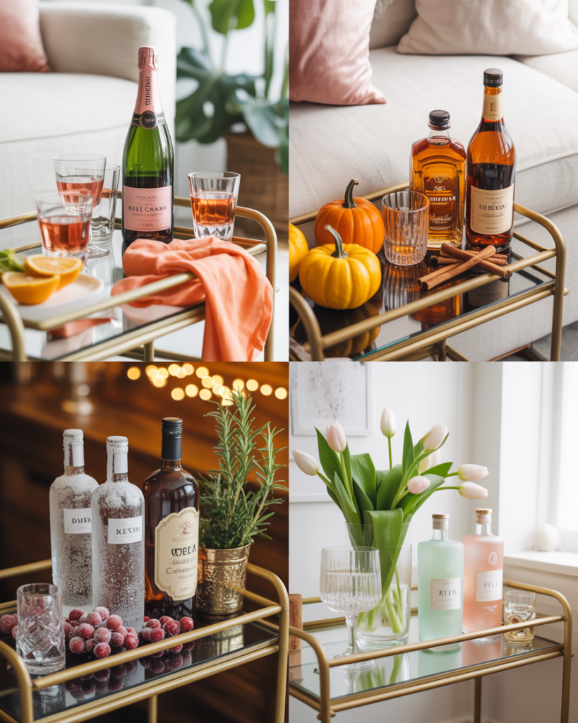 Seasonal bar cart collage with luxury styling: summer with champagne and citrus, fall with whiskey and pumpkins, winter with vodka and cranberries, spring with pastel drinks and tulips, all styled on a gold mirrored bar cart in an elegant home.