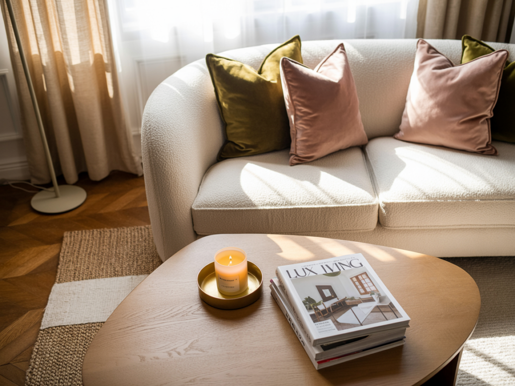 Cozy and elegant living room scene with a curved cream boucle sofa styled with blush pink and olive green velvet throw pillows. A wooden coffee table holds a lit candle in a gold tray and a stack of “LUX LIVING” interior design magazines. Warm sunlight filters through beige linen curtains, casting soft shadows across the woven rug and parquet floor for a luxurious, serene atmosphere.