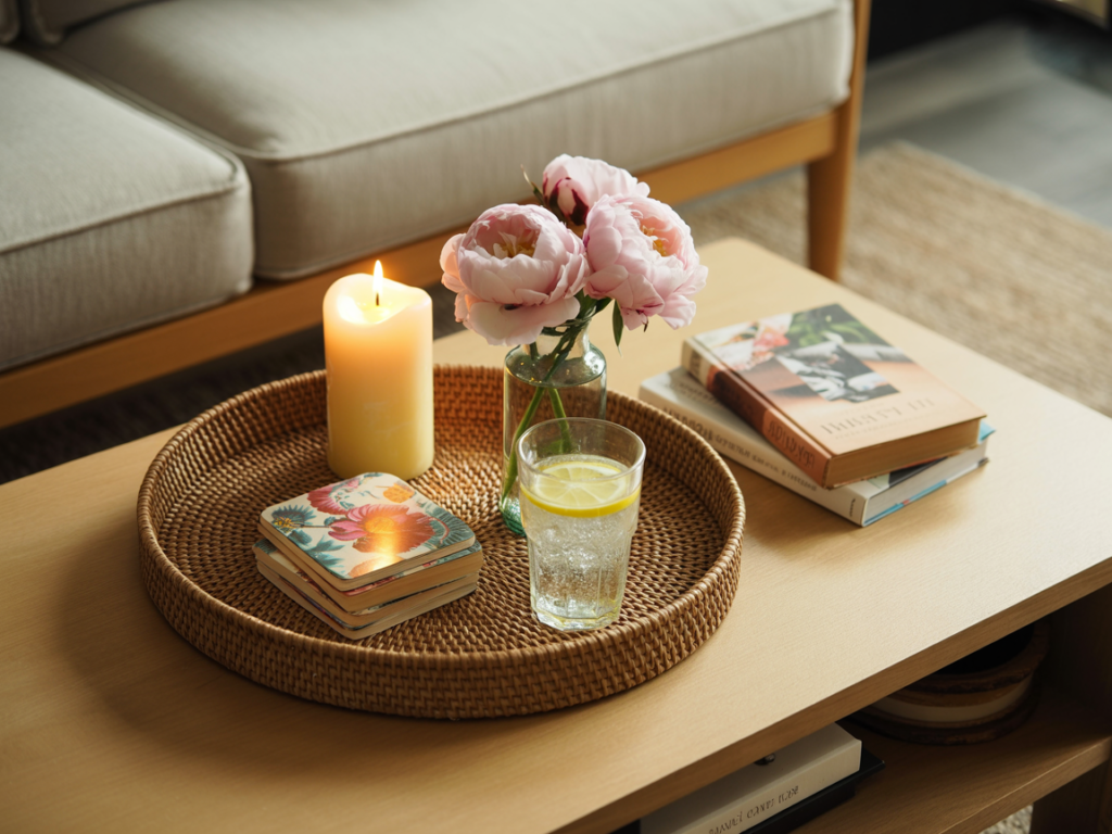 Close-up of a cozy coffee table styled with a round woven tray holding a lit pillar candle, a glass of lemon water, floral coasters, and a small vase of pink peonies. A stack of lifestyle books sits beside the tray on the light wood table. In the background, a neutral sofa and woven rug complete the relaxed, summery atmosphere.
