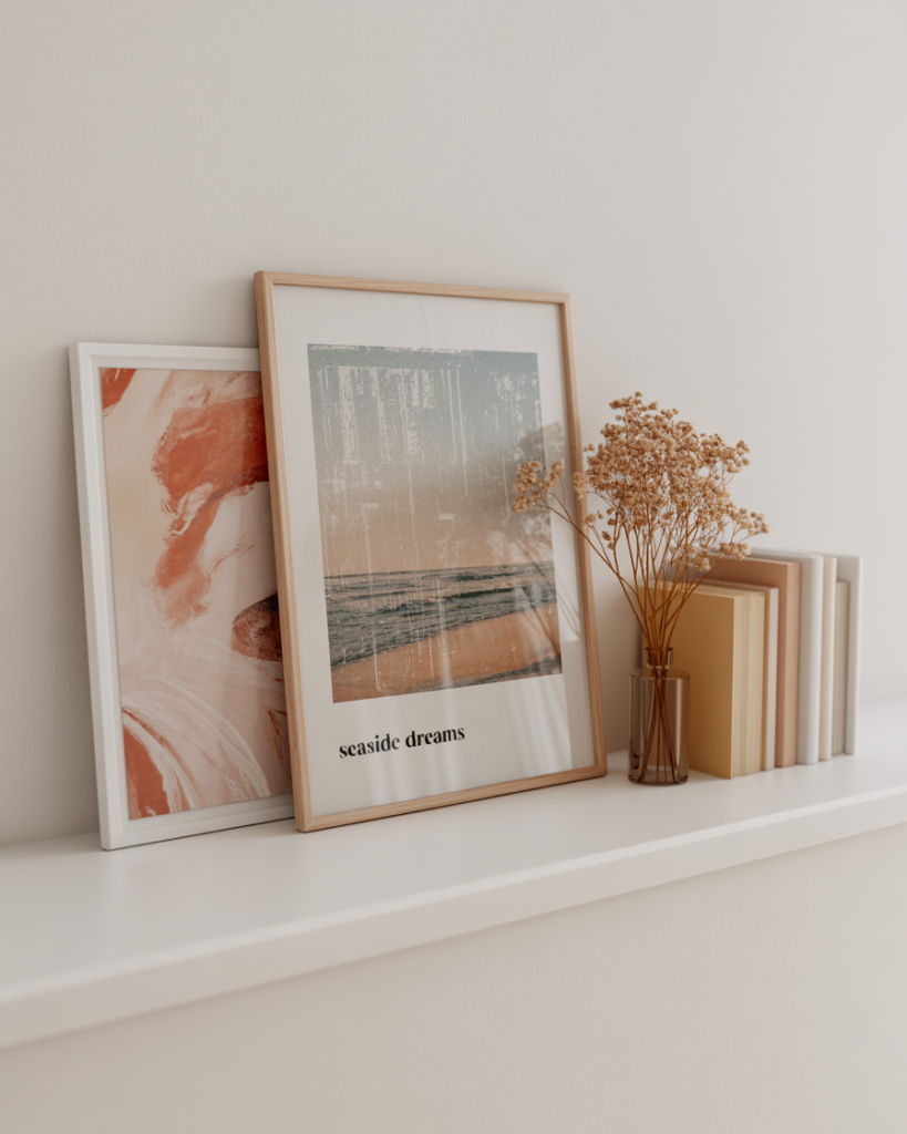 Minimalist summer shelf styled with two framed art prints leaning against a white wall—one abstract in coral and blush tones, the other a coastal photograph labeled “seaside dreams” in black serif font. Dried baby’s breath sits in a small amber glass vase beside a row of books with neutral covers in beige, blush, and sand tones. The overall aesthetic is clean, soft, and modern-boho inspired.