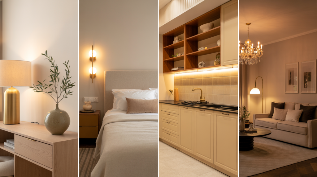 Four-panel collage showcasing elegant home lighting: 1) gold table lamp with a ceramic vase on a light wood console, 2) modern bedroom with vertical wall sconce and neutral bedding, 3) beige kitchen with under-cabinet lighting and open wood shelving, and 4) cozy living room with chandelier and floor lamp softly illuminating a taupe sofa.