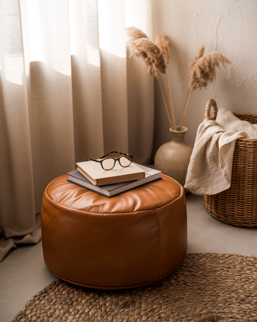 Warm, cozy corner styled with a caramel leather pouf used as a side table, topped with stacked neutral-toned books and tortoiseshell reading glasses. A chunky woven jute rug anchors the space, with a wicker basket draped in linen and a ceramic vase filled with pampas grass adding natural texture. Soft daylight filters through sheer curtains, creating a serene, earthy vibe perfect for a quiet moment.