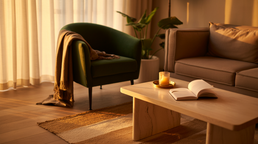 Warm, cozy living room bathed in golden-hour light featuring a plush emerald green accent chair draped with a soft throw. A modern travertine coffee table holds an open book and a glowing candle on a brass tray, adding serene ambiance. Neutral-toned sofa, potted greenery, and sheer curtains complete the tranquil, minimalist setting with inviting, lived-in charm.