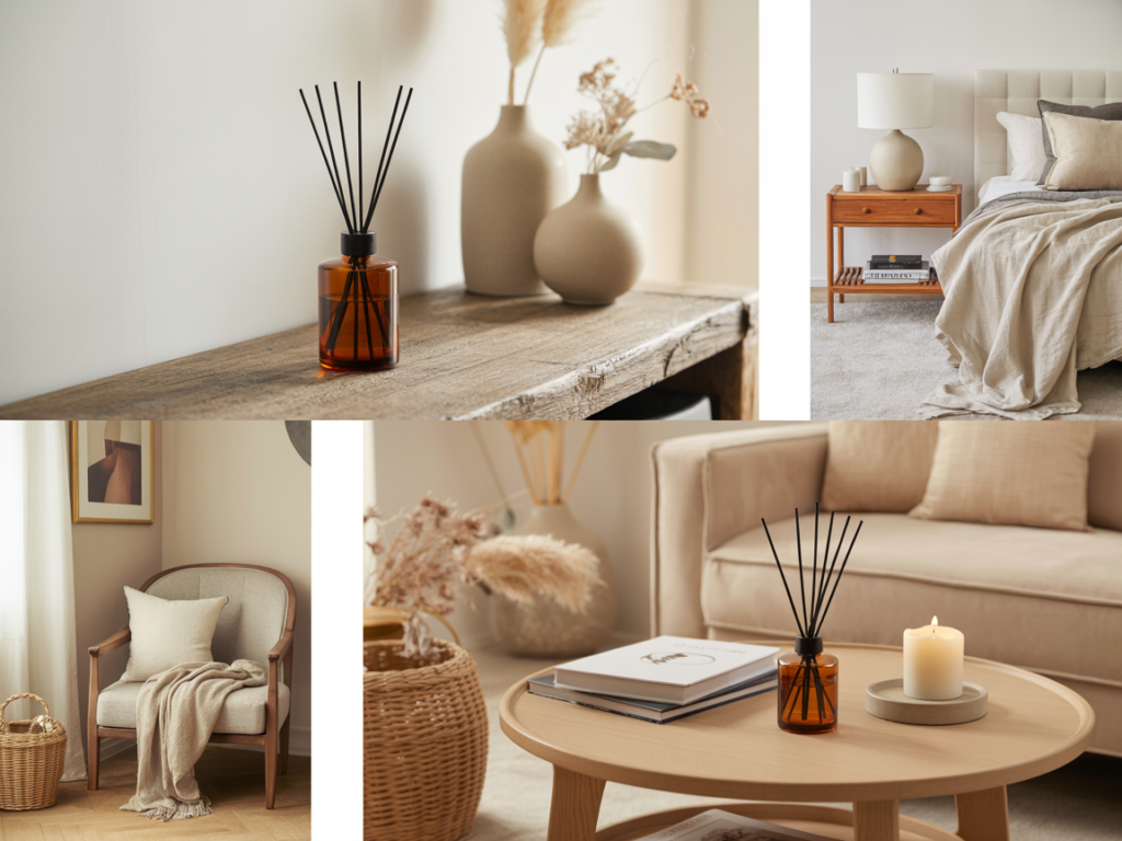 Collage of cozy neutral home moments featuring an amber diffuser on a rustic wood console, minimalist ceramic vases with dried florals, a soft beige bedroom with layered bedding, a lounge chair with a throw, and a round coffee table styled with books and a candle. The overall mood is serene, airy, and grounded in warm minimalism.

