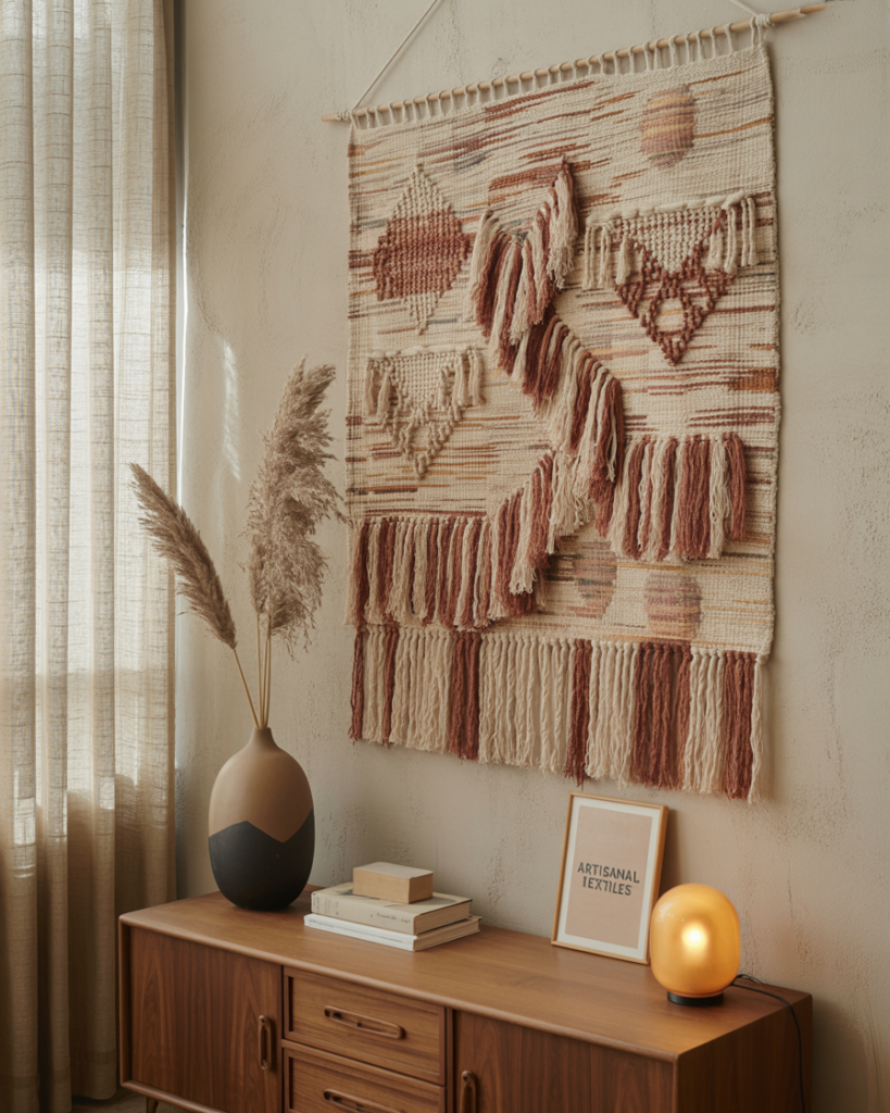 Earthy boho living space with a woven textile wall hanging in rust and cream tones on a textured plaster wall. A mid-century wood credenza below holds a ceramic vase with pampas grass, stacked books, an amber glass lamp, and a framed print reading 'Artisanal Textiles.' Warm, natural light and neutral tones complete the cozy, handcrafted aesthetic.