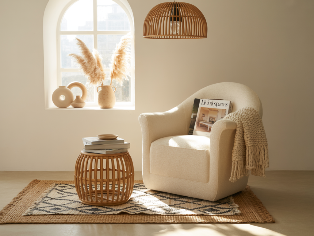Minimalist reading corner featuring layered rugs—a geometric cream and black rug placed over a natural woven jute rug. A boucle accent chair with a chunky knit throw and interior design magazine sits beside a round rattan side table stacked with books. A sculptural ceramic vase with pampas grass rests on a windowsill beneath an arched window, with soft sunlight filling the space.