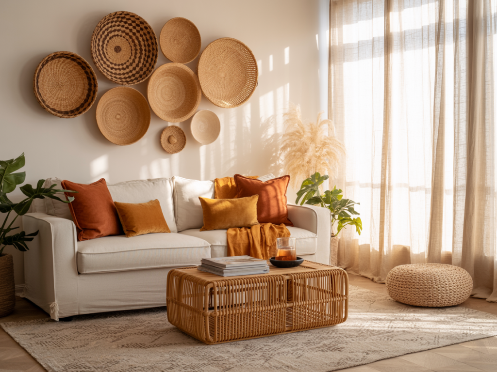 Warm and inviting living room with a neutral sofa styled with burnt orange and mustard velvet throw pillows. A rattan coffee table with stacked books and a tea set sits on a soft patterned area rug. Above the sofa, woven baskets are arranged as wall decor. Sunlight filters through sheer beige curtains, casting a soft glow over the space. Woven textures, pampas grass, leafy plants, and a knit pouf complete the natural, cozy aesthetic.
