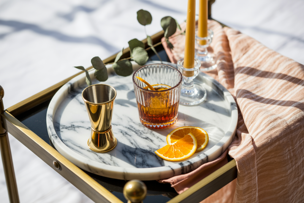 Close-up of a gold bar cart styled with a marble tray, an old fashioned cocktail with orange garnish, gold jigger, sliced oranges, amber taper candles in glass holders, and blush-striped linen napkin, set in warm sunlight for a cozy, upscale summer entertaining look.