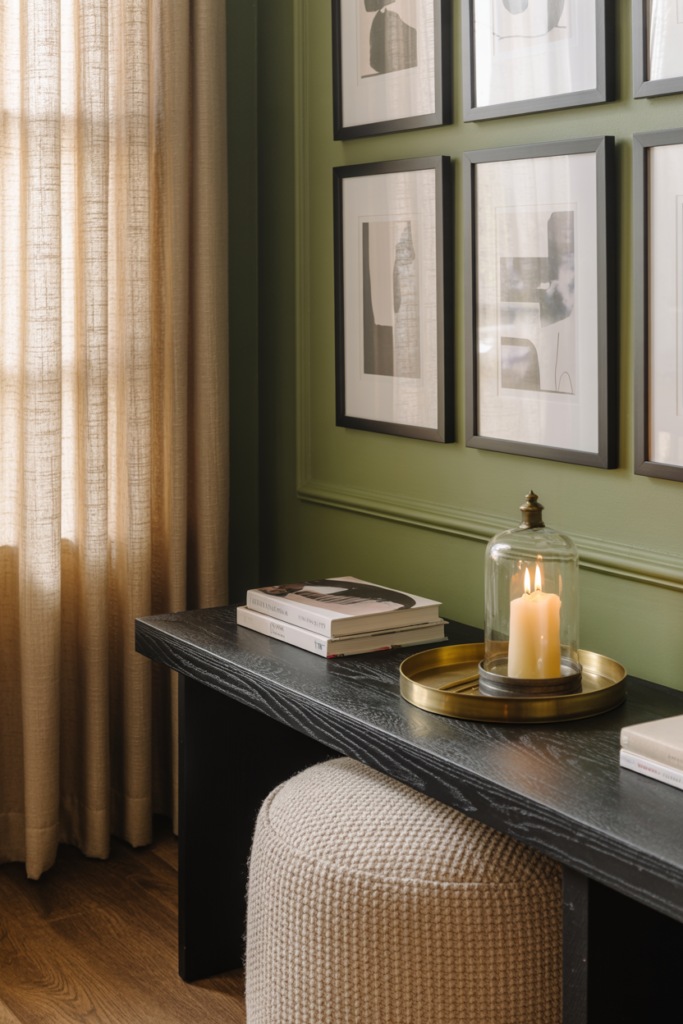 Stylish reading nook with a black wood console table, books, and a lit pillar candle under a glass cloche on a brass tray. Set against dill green paneled walls with a modern black-and-white gallery wall and soft beige curtains, creating a cozy and elegant corner.